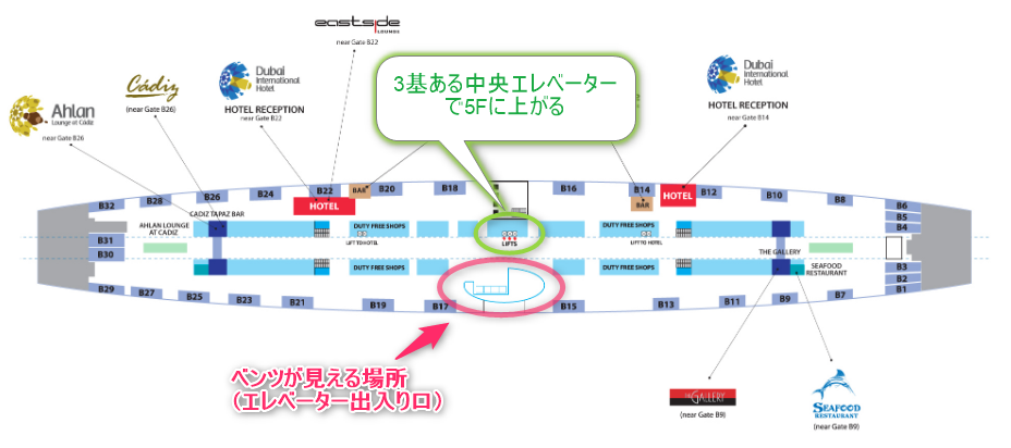ドバイ国際空港・ターミナル3・コンコースBのマップ