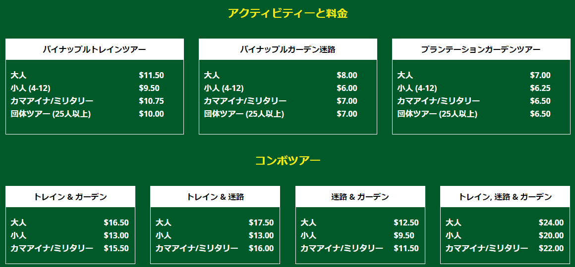 ドールプランテーションの料金表