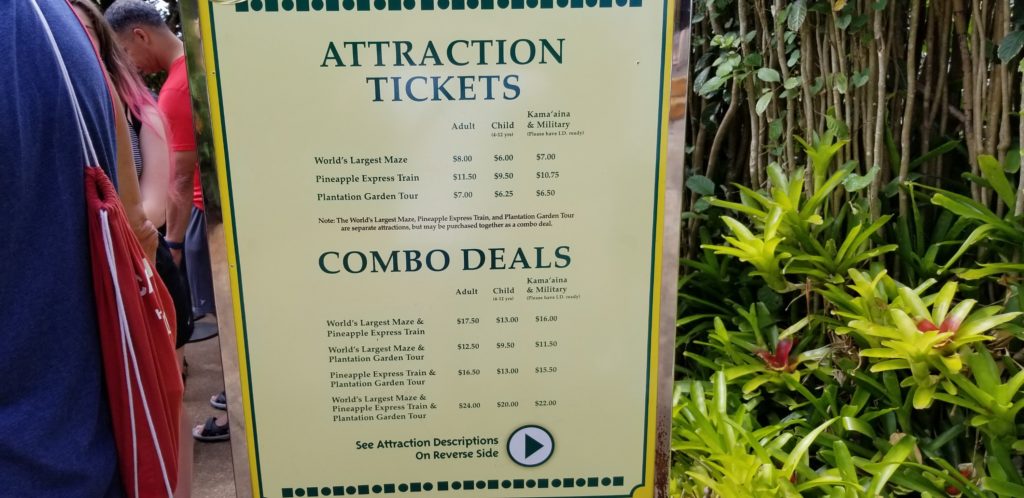 ドールプランテーションのアトラクションの料金表