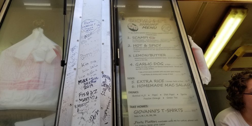 ハワイのガーリックシュリンプ「ジョバンニのメニュー」